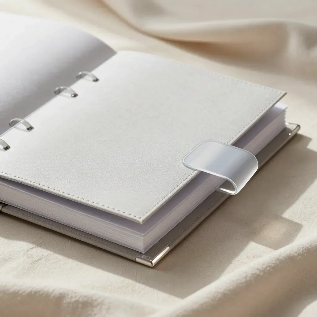 SEO audit binder with translucent tabs and acrylic divider spilling from pale linen folds.