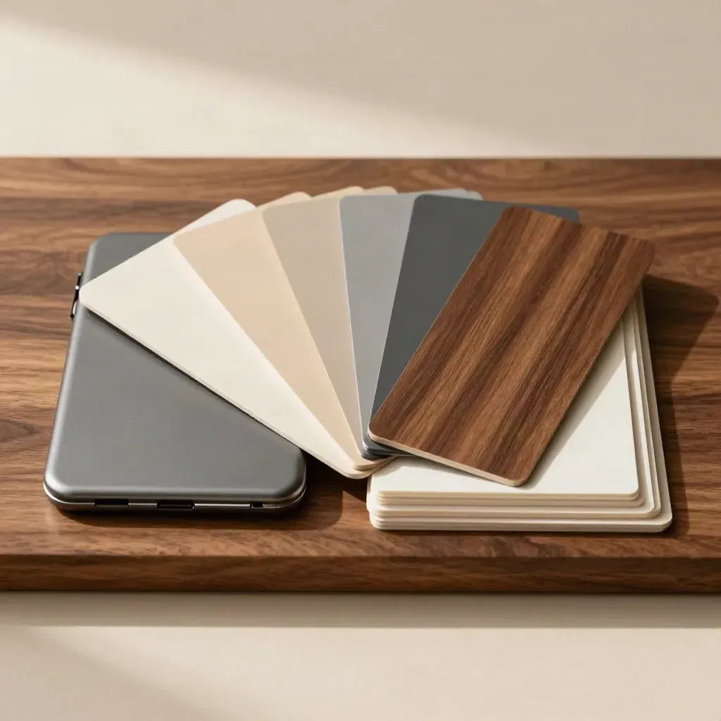 Overhead luxury flat lay of a brand kit case with swatches and sample boards on walnut.