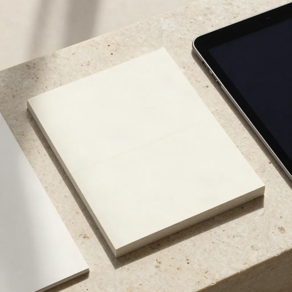 Overhead folio, blank cards and tablet on travertine in neat alignment