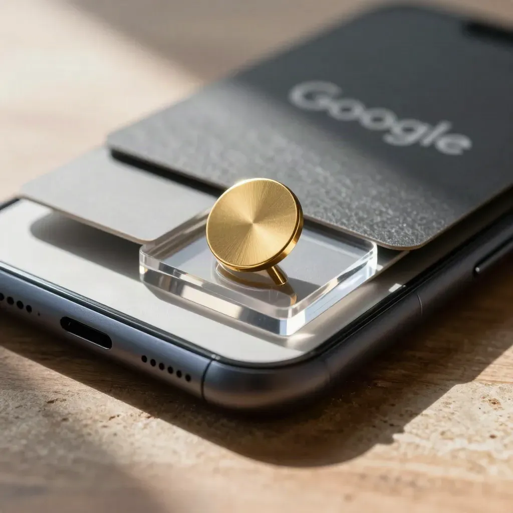 Macro cluster of a dark phone, gold map-pin token, and clear stand on warm stone.