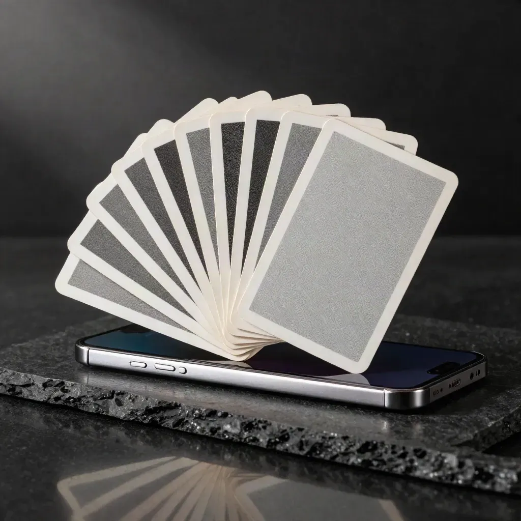 Open ad pack with a dark phone and edge-lit cards fanned on a matte-black stone surface