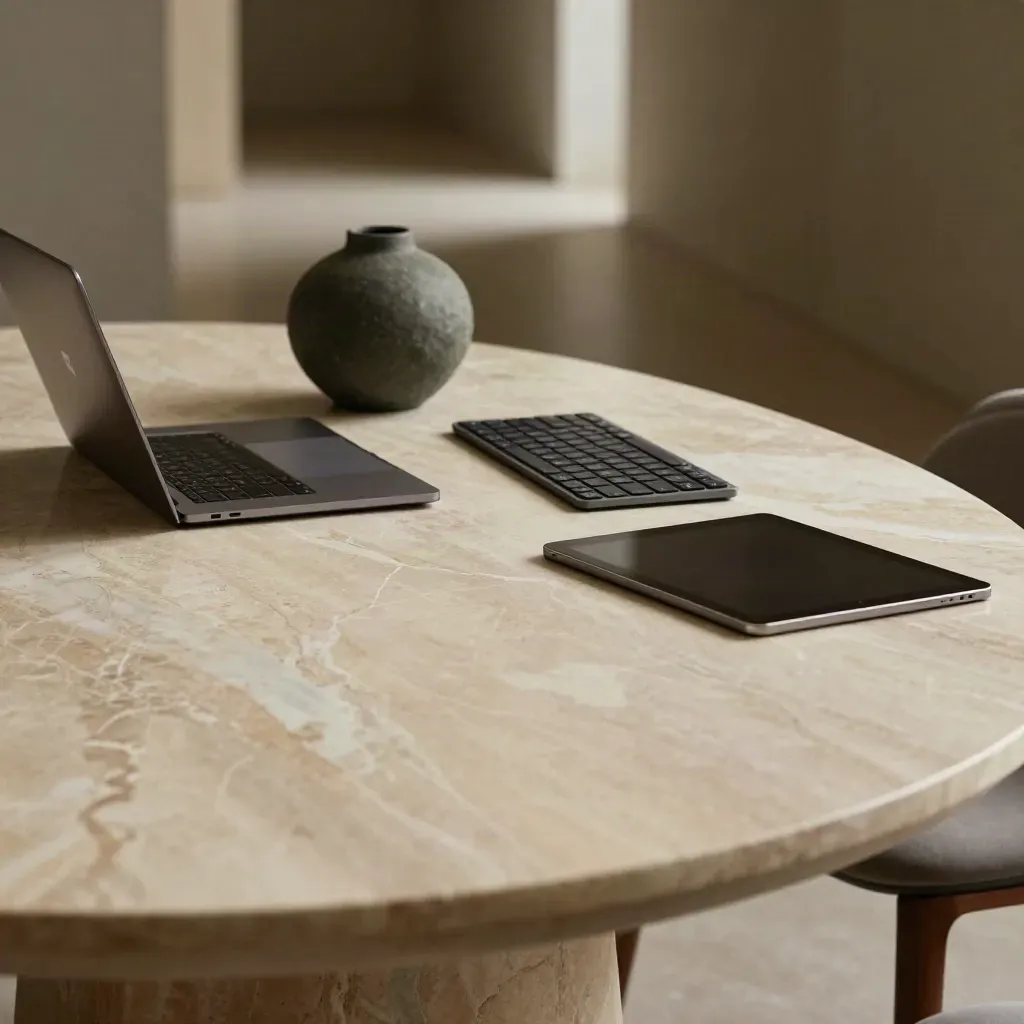 Warm marble tabletop with a blurred plaster corridor, dark vase, and sleek agency tech objects.