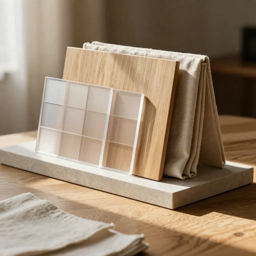 Sunlit oak studio corner with abstract web layout cards, stone plinth, and linen swatch.